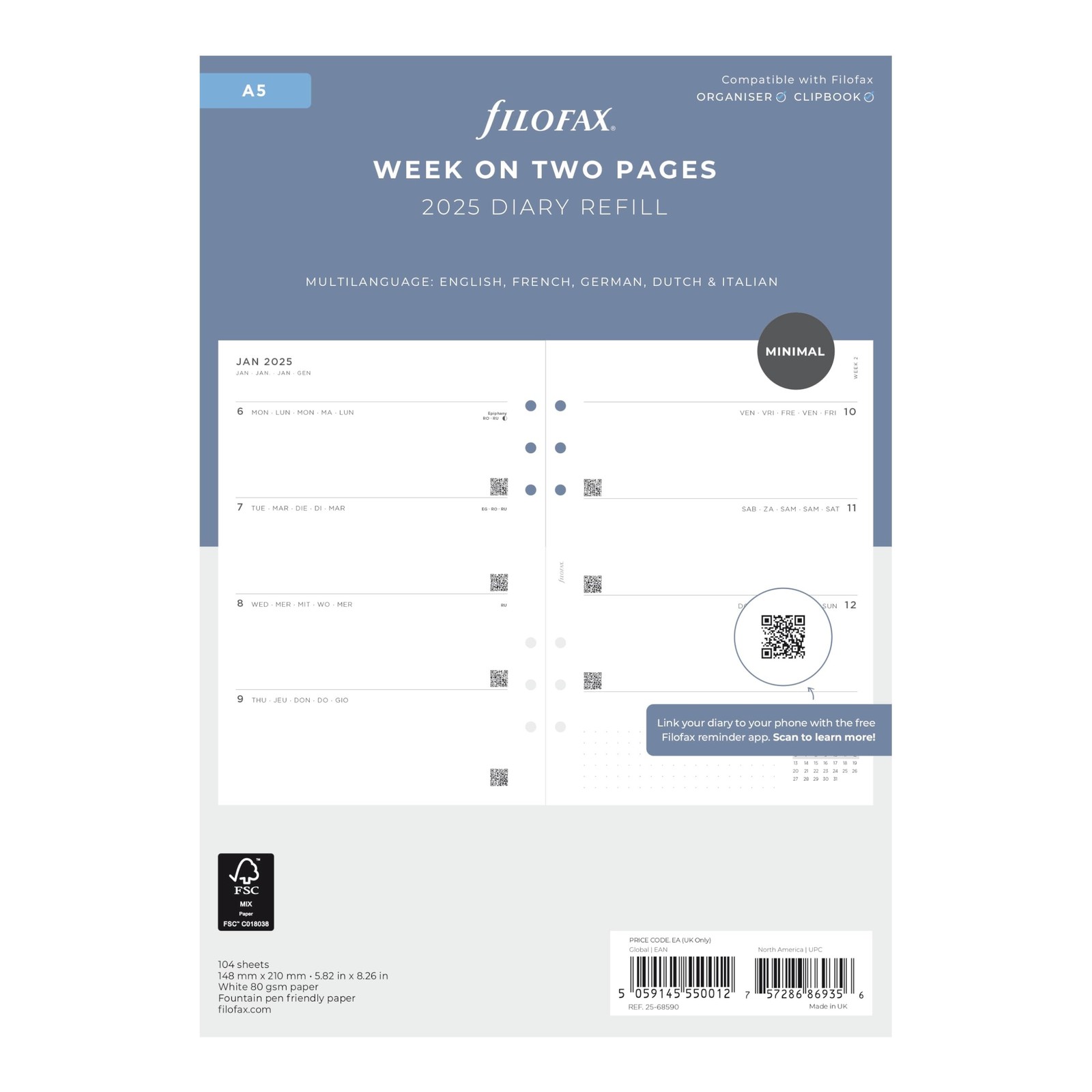 Filofax Calendar Diary Refill, A5 Size, Week-to-View, Minimal Diary Pack, Whi... Filofax Calendar Diary Refill, A5 Size, Week-to-View, Minimal Diary Pack, Whi...