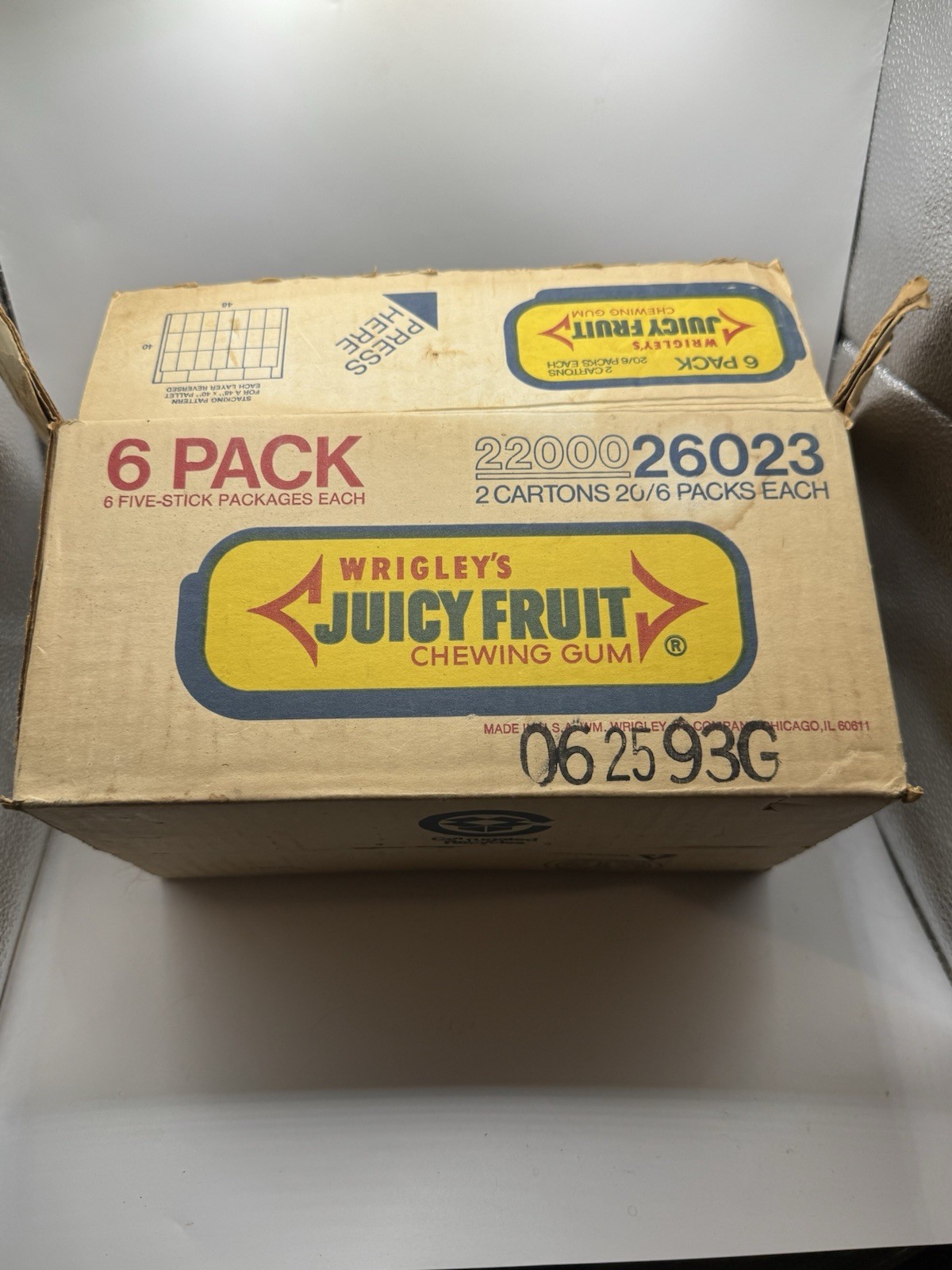 Vintage Wrigley's Juicy Fruit chewing gum cardboard master shipping box Ads