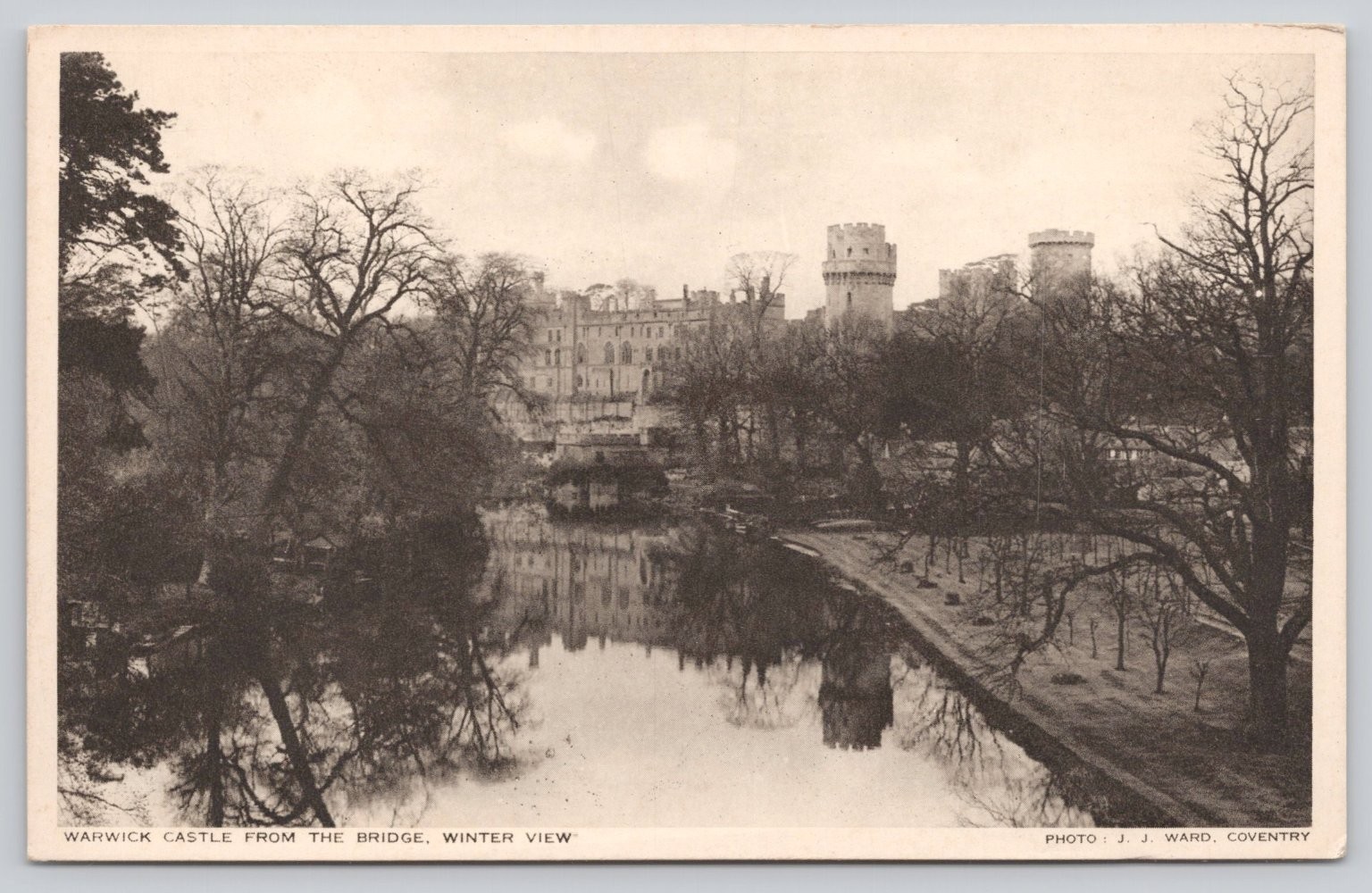 Warwick Castle From The Bridge Winter View RPPC J. J. Ward Coventry Postcard Warwick Castle From The Bridge Winter View RPPC J. J. Ward Coventry Postcard