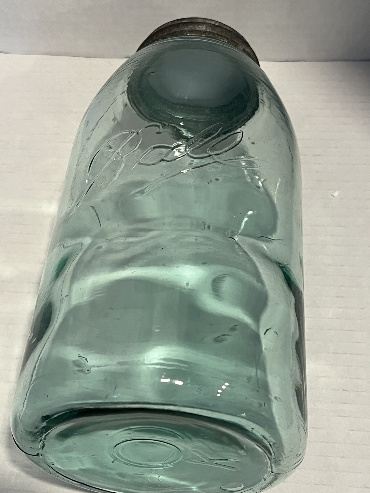 Vintage Blue Glass 2 Quart Ball Mason Jar Extended A Triple L Bubbles Sloped