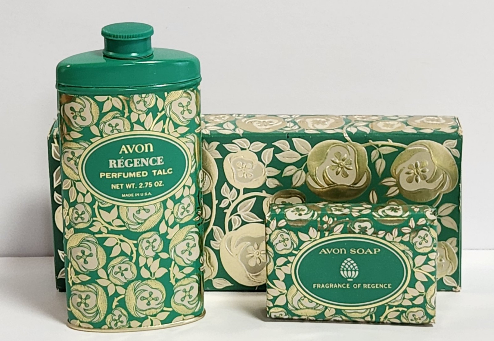 Vtg AVON Perfumed Pair Regence Talc &Bar Soap; Teal/Gold/Silver Pattern, Box NOS