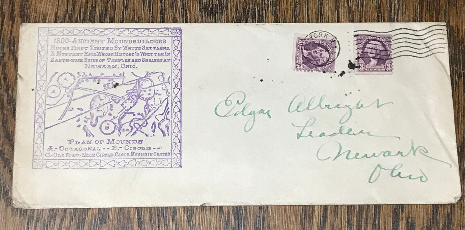 Ancient Moundbuilders Plan of Indian Mounds Newark, Ohio 1934 Postal Cover