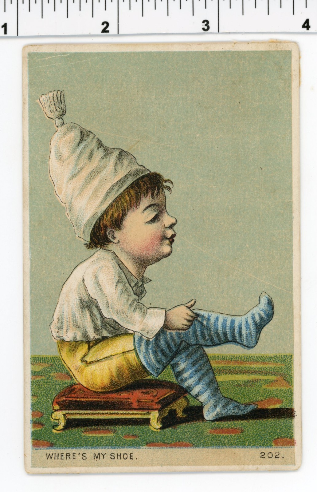 Vintage 1900's English ADVERTISING CARD Surreal EVIL DOLL BOY - Where's My Shoe?