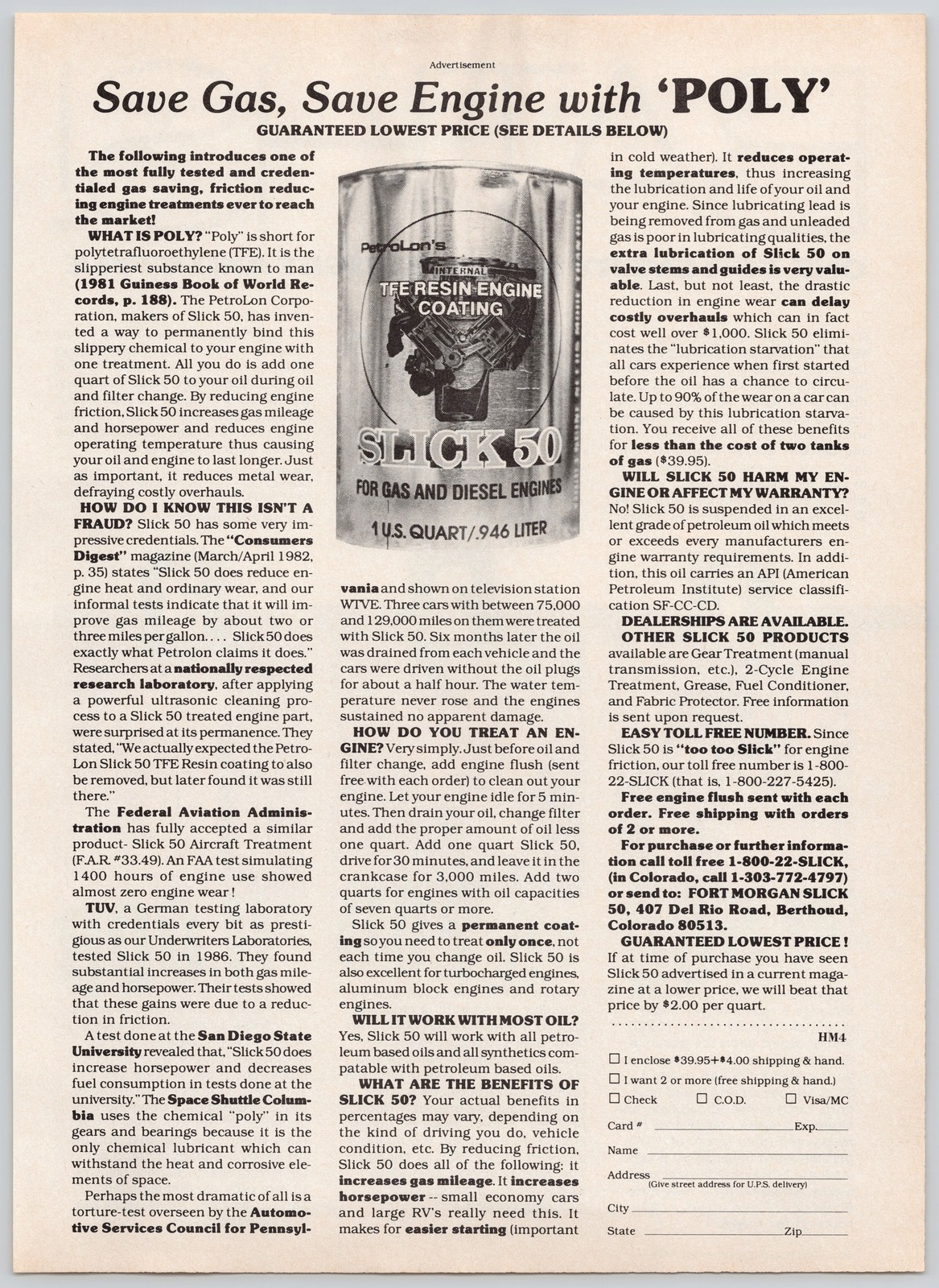 Slick 50 PetroLon Engine Coating Gas Diesel Automotive 1988 Vintage Print Ad