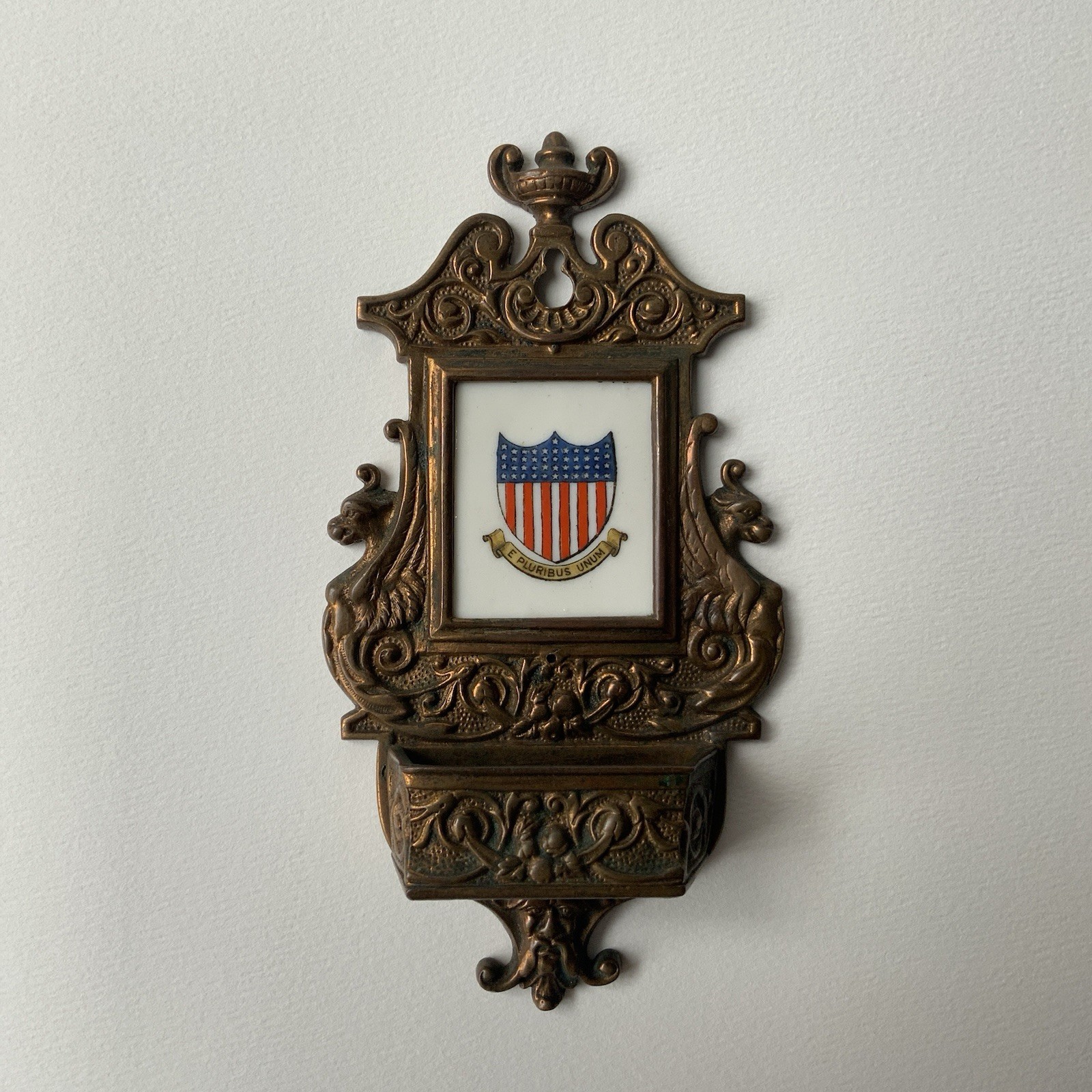 Antique Bronze Match Holder w/ Hand-Painted 45-Star Flag Shield, 1896-1908