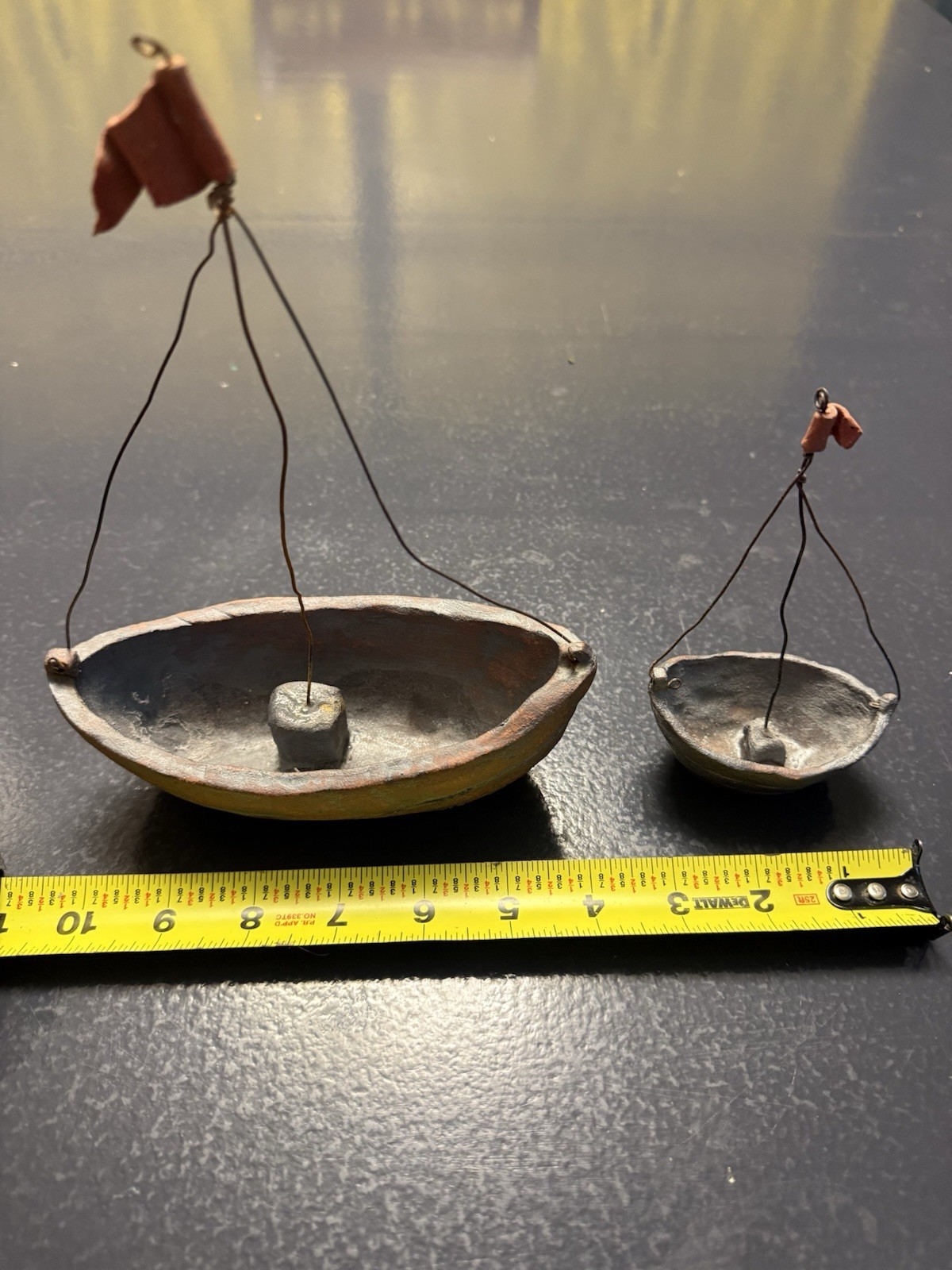 2pc Studio Art Pottery Boat Sculptures Set Signed Stone 2007 Ceramic Wire MastT8