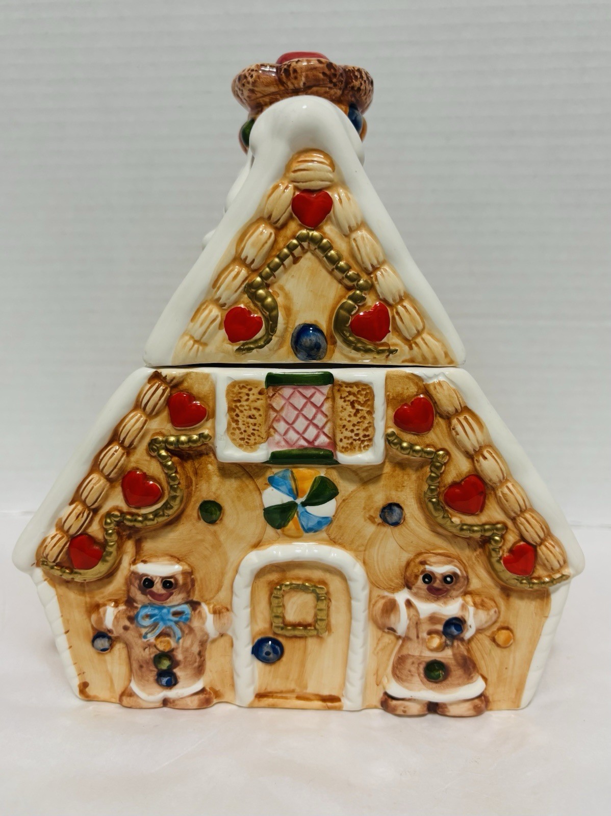 Vtg Hand Painted Gingerbread House Ceramic Cookie Jar Marcado “Sis ’03