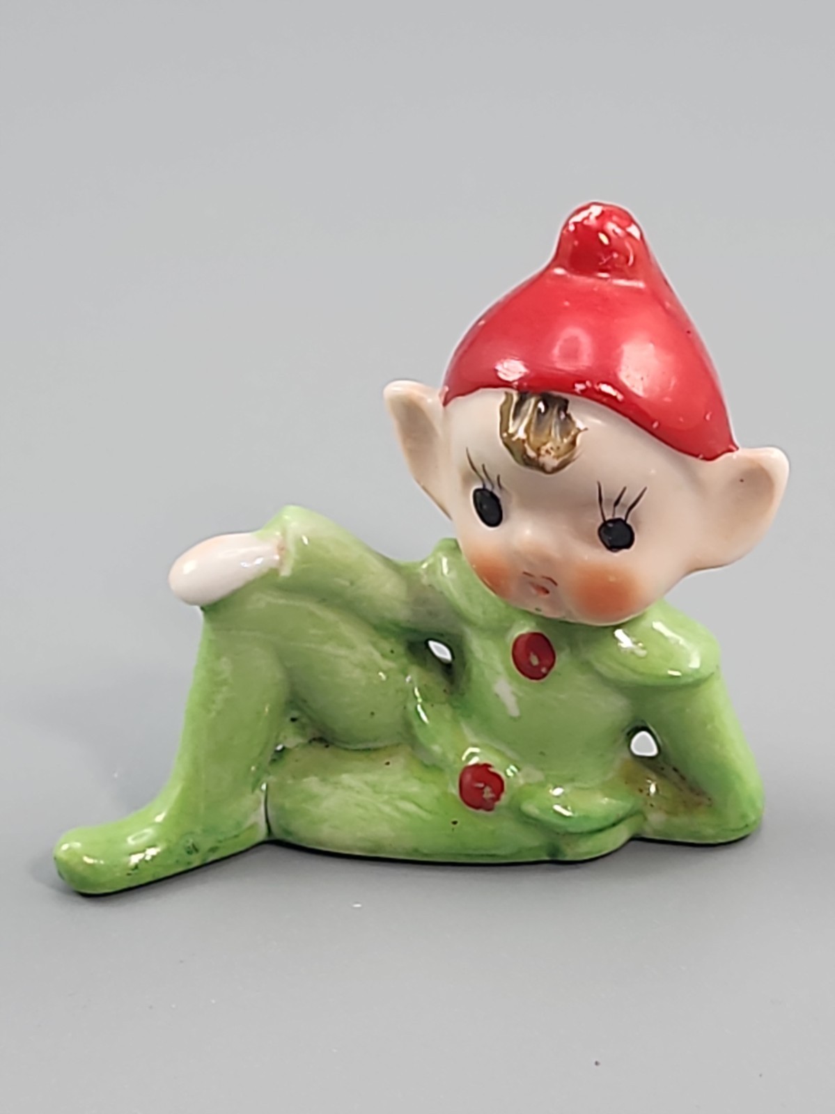 Vintage Napco Elf Pixie Figurine Reclining Green Red Hat Japan Mid Century