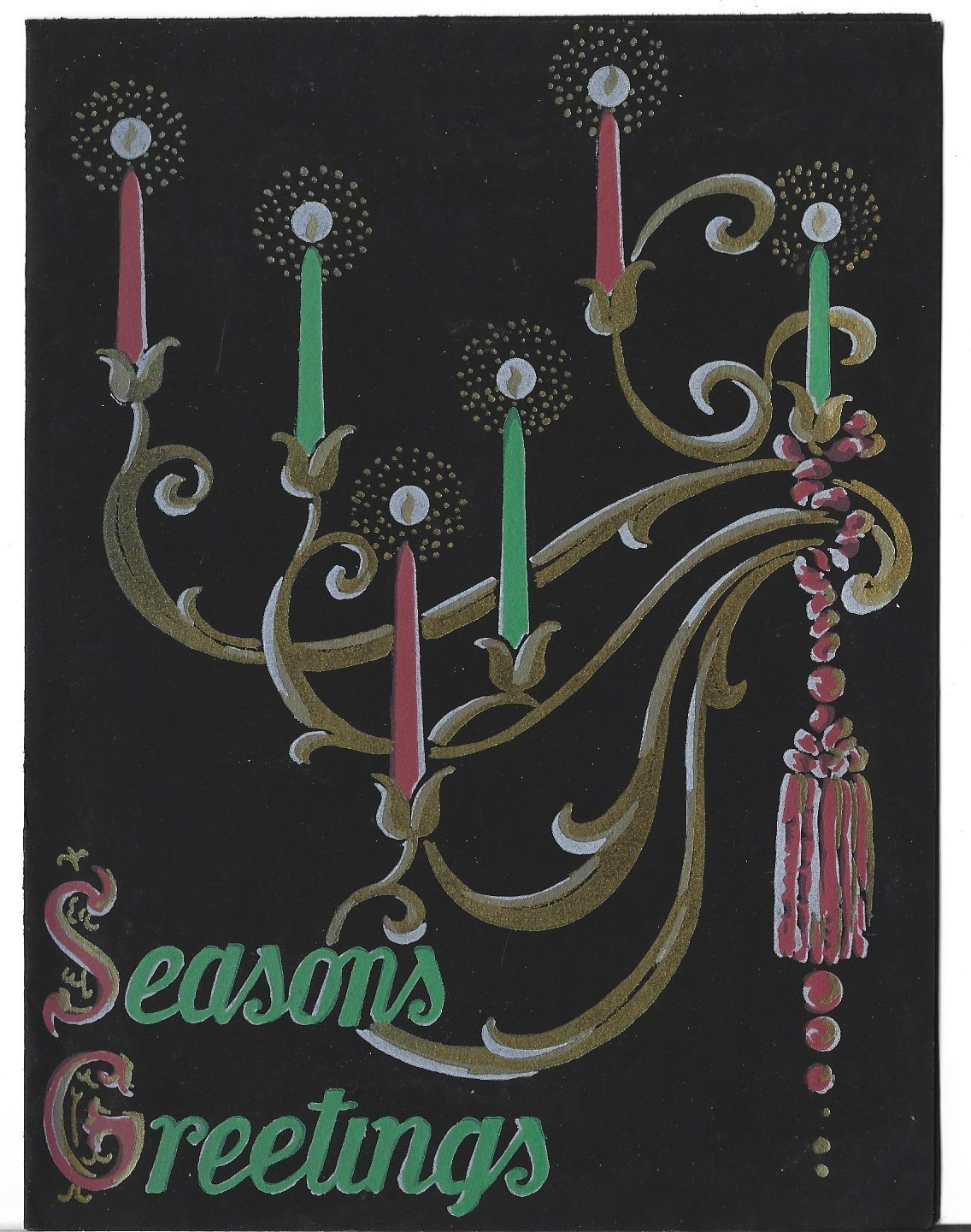 VTG CHRISTMAS CARD 5.25X7 BLACK SEASON'S GREETINGS RED & GREEN CANDLES TASSLE VTG CHRISTMAS CARD 5.25X7 BLACK SEASON'S GREETINGS RED & GREEN CANDLES TASSLE