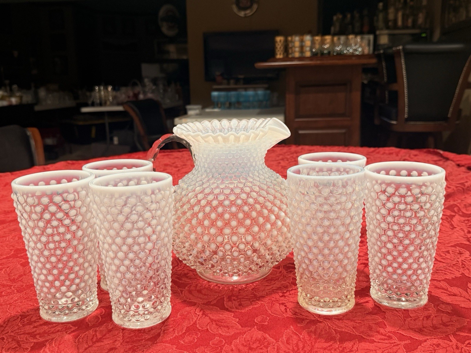 Vintage Fenton French Opalescent Hobnail Set Pitcher & 6-6.5” Glasses. Ex Cond Vintage Fenton French Opalescent Hobnail Set Pitcher & 6-6.5” Glasses. Ex Cond