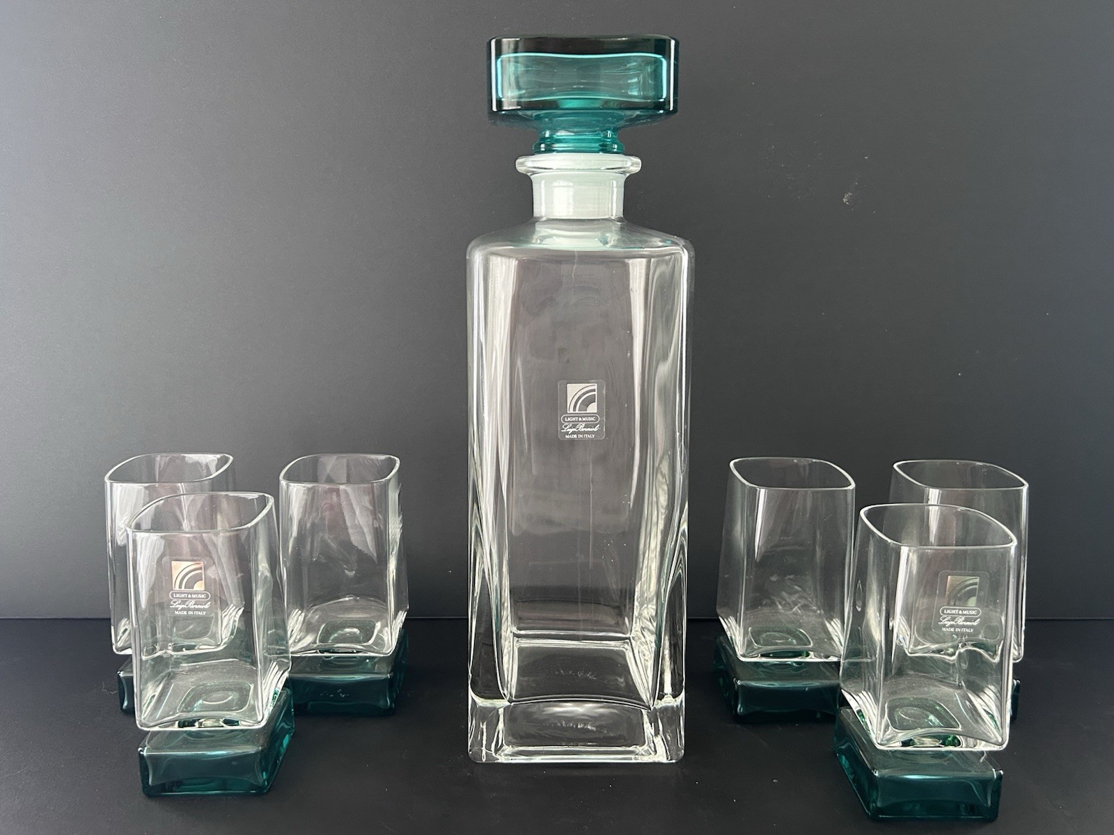 Vintage Luigi Bormioli Light And Music Monet Decanter 10x3 W/ 6 Glasses 3 3/4
