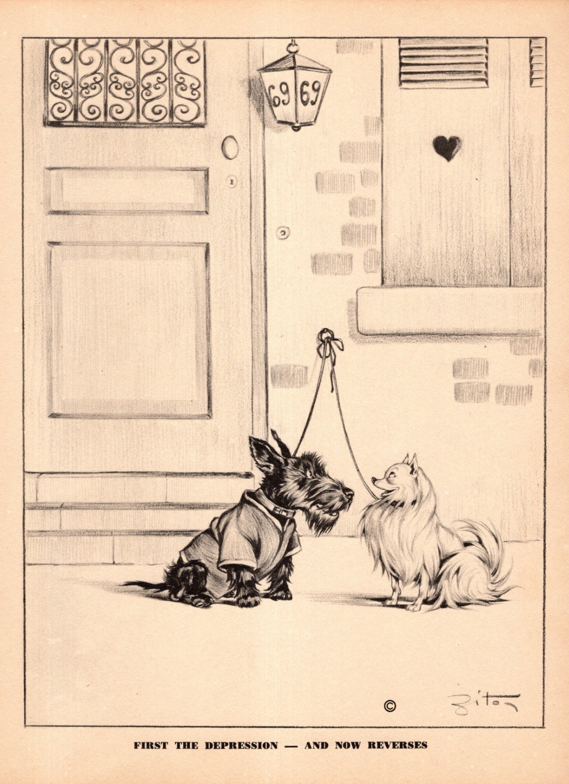 Humorous Scottish Terrier & Pomeranian Print 1940s Funny Dog Art by Zito 6413s