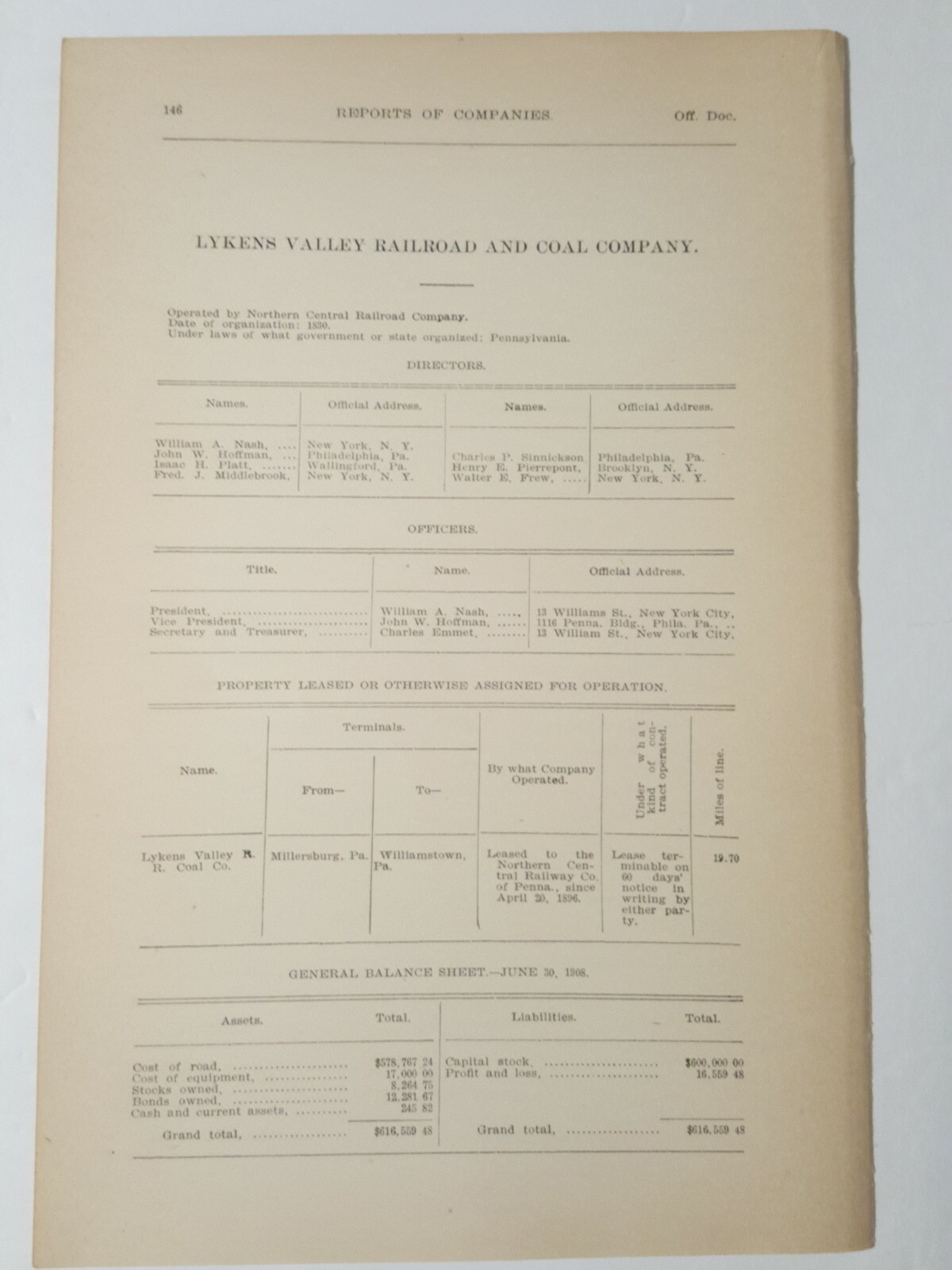 1909 RR train document LYKENS VALLEY RAILROAD & COAL COMPANY Millersburg  PA