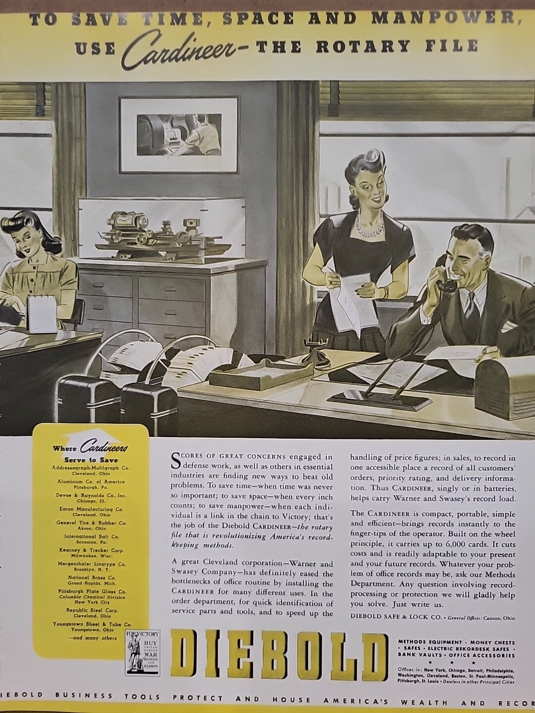 1942 Diebold Safe & Lock Cardineer Fortune WW2 Print Ad Q4 Secretaries Office