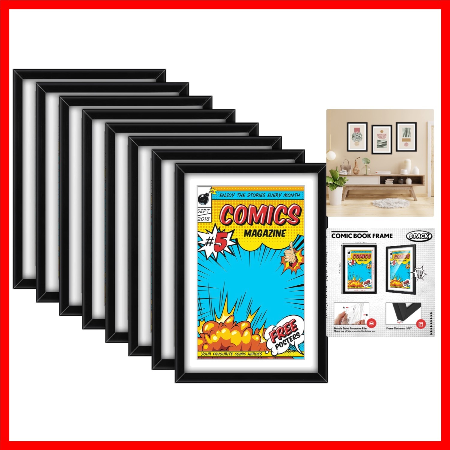 8 Pack Comic Book Frame UV Protection Display, Black white Mat 8 Pack Comic Book Frame UV Protection Display, Black white Mat