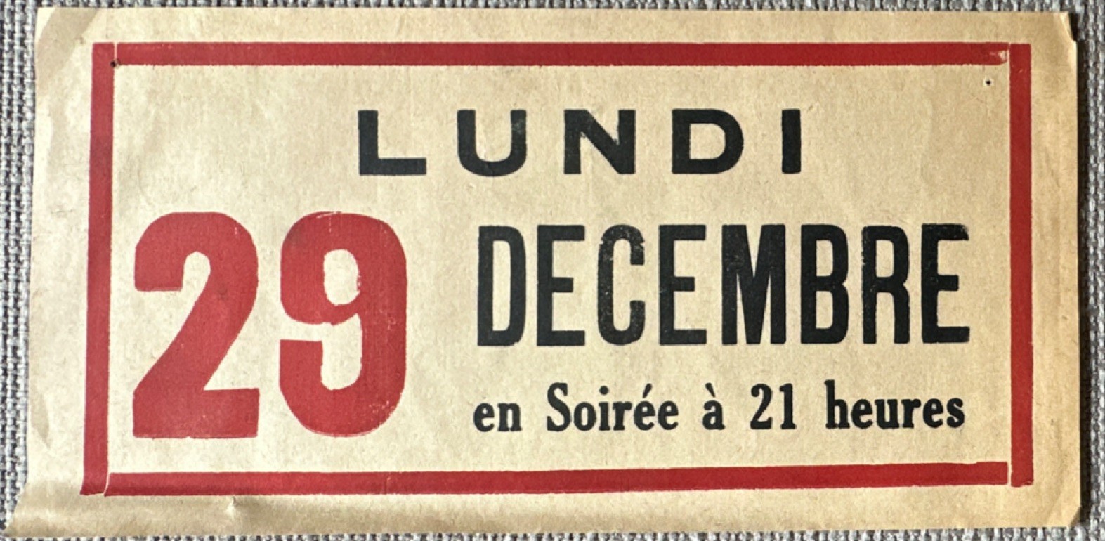 Vintage French Event Ticket Stub Lundi 29 Décembre 21 Original