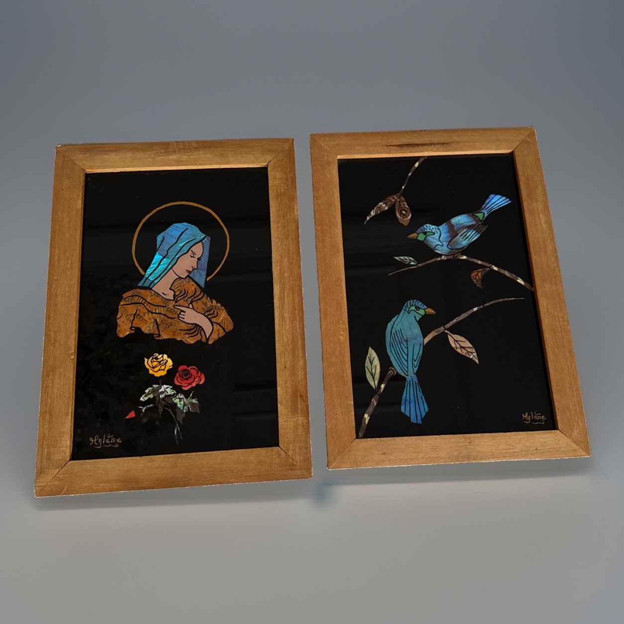 2 Vtg French Guiana Real Morpho Butterfly Wing Art Pair Reverse Glass  Signed