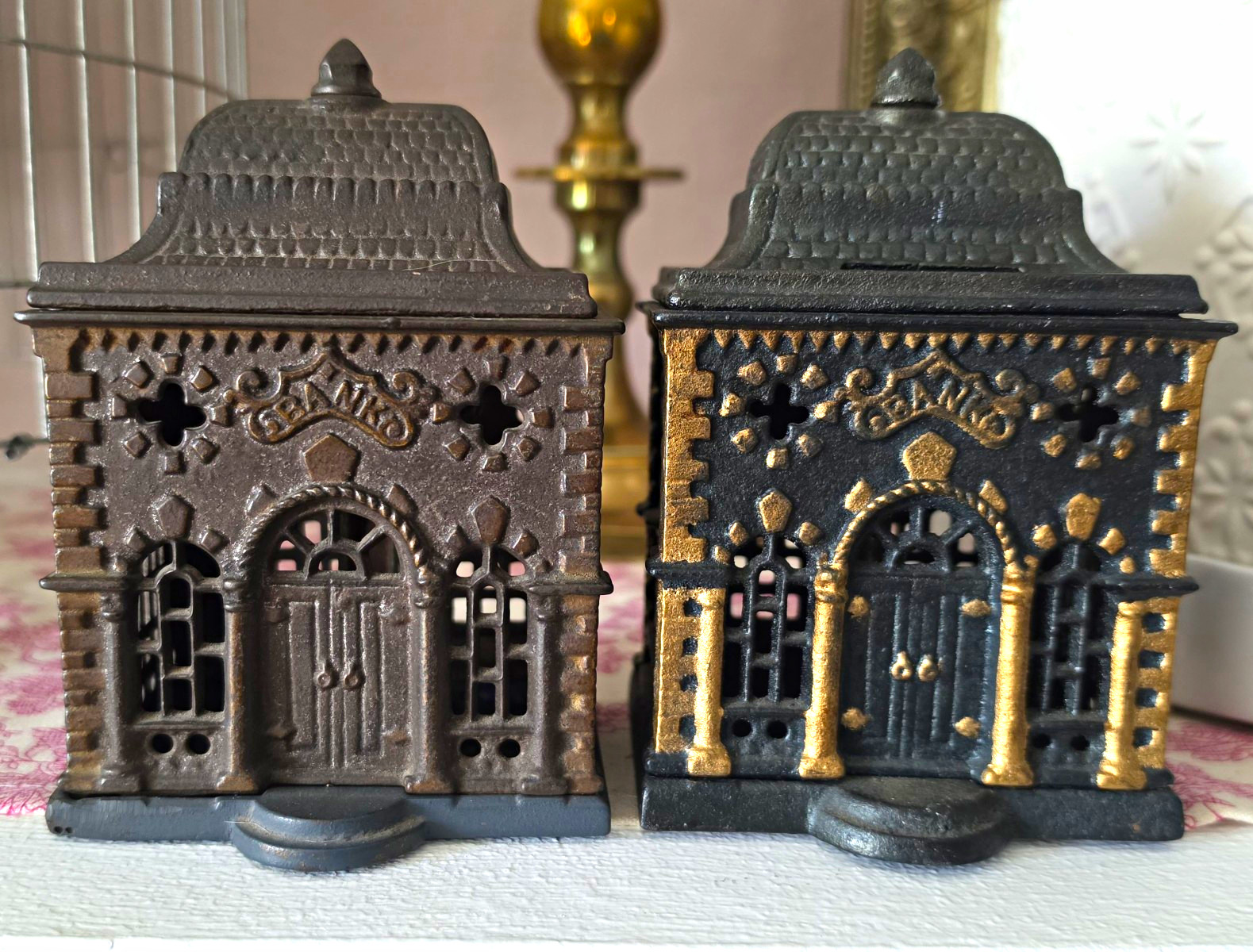 Pair (2) Cast Iron Building-Style Still Coin Banks Pair (2) Cast Iron Building-Style Still Coin Banks