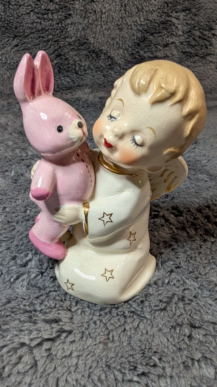 Vintage Ceramic Angel Cherub Holding Pink Bunny Rabbit Figurine Fine A Quality? Vintage Ceramic Angel Cherub Holding Pink Bunny Rabbit Figurine Fine A Quality?