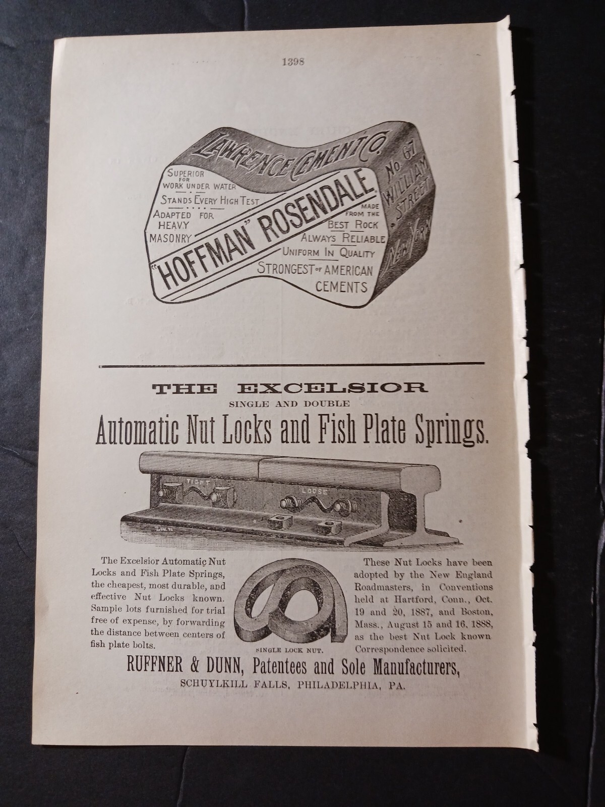 1891 print ad RUFFNER & DUNN Schuylkill Falls PA ~ Excelsior railroad nut lockS