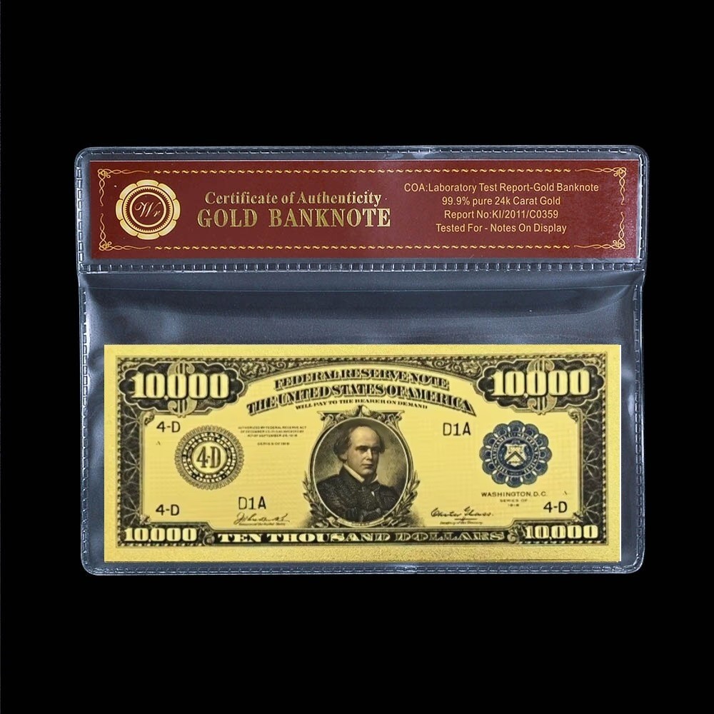 1918 Salmon P. Chase US $10000 Gold Foil Banknote With bag and certificate