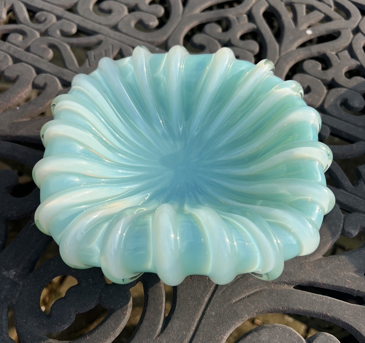 rare fratelli toso murano art glass opaline Opalescent bowl blue Lattimo MCM