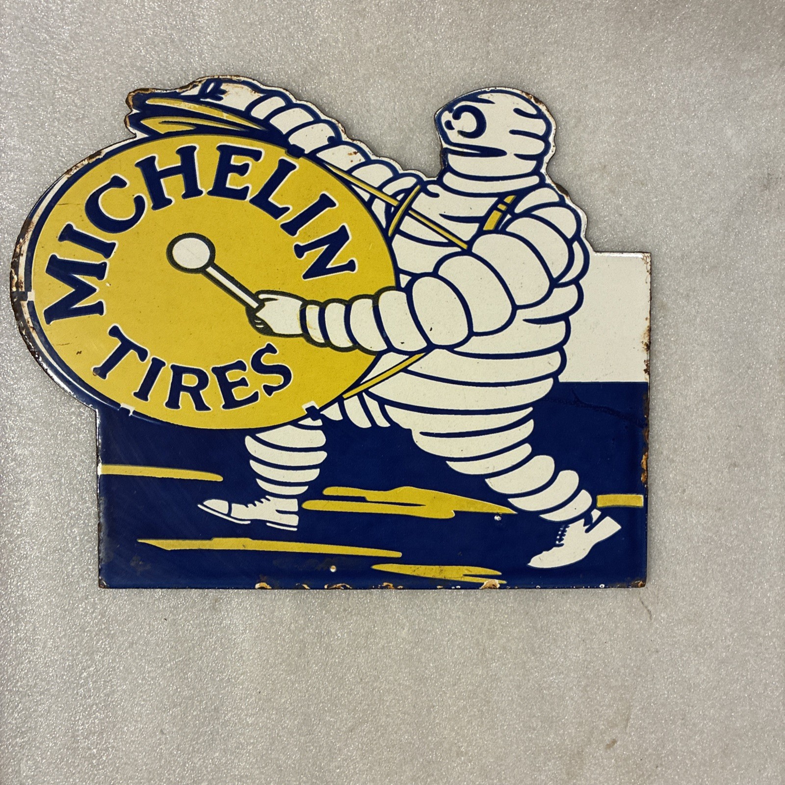 VINTAGE PORCELAIN MICHELIN TIRES TIRE MAN W/ DRUM GAS STATION TIRE REPAIR