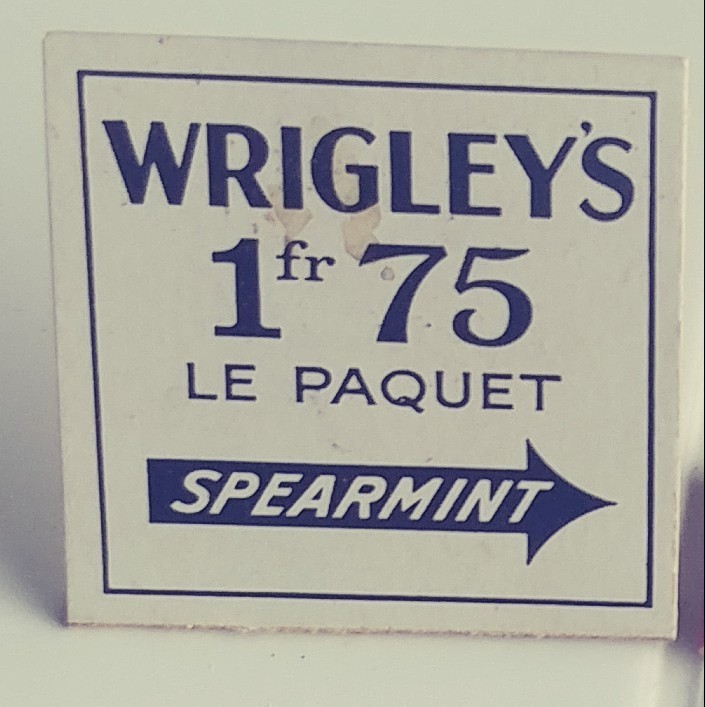RARE 1900s WRIGLEYS SPEARMENT CHEWING GUM COUNTER SIGN, EXC. CONDT. RARE 1900s WRIGLEYS SPEARMENT CHEWING GUM COUNTER SIGN, EXC. CONDT.