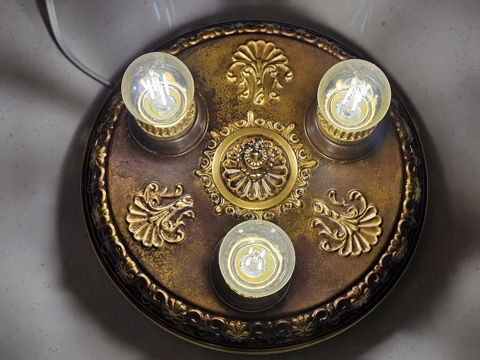 Vtg Art Deco Nouveau Mixed Brass 3-Light Flush Mount Fixture RESTORED REWIRED Vtg Art Deco Nouveau Mixed Brass 3-Light Flush Mount Fixture RESTORED REWIRED