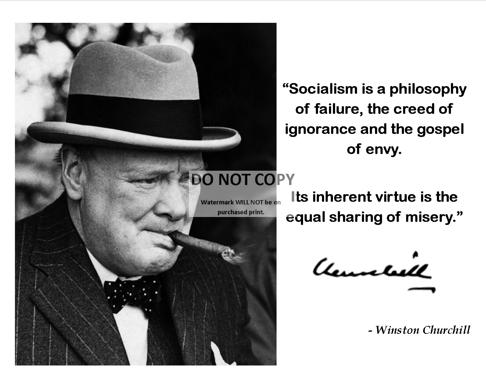 WINSTON CHURCHILL SOCIALISM QUOTE w/ FACSIMILE AUTOGRAPH - 8X10 PHOTO (PQ-039)