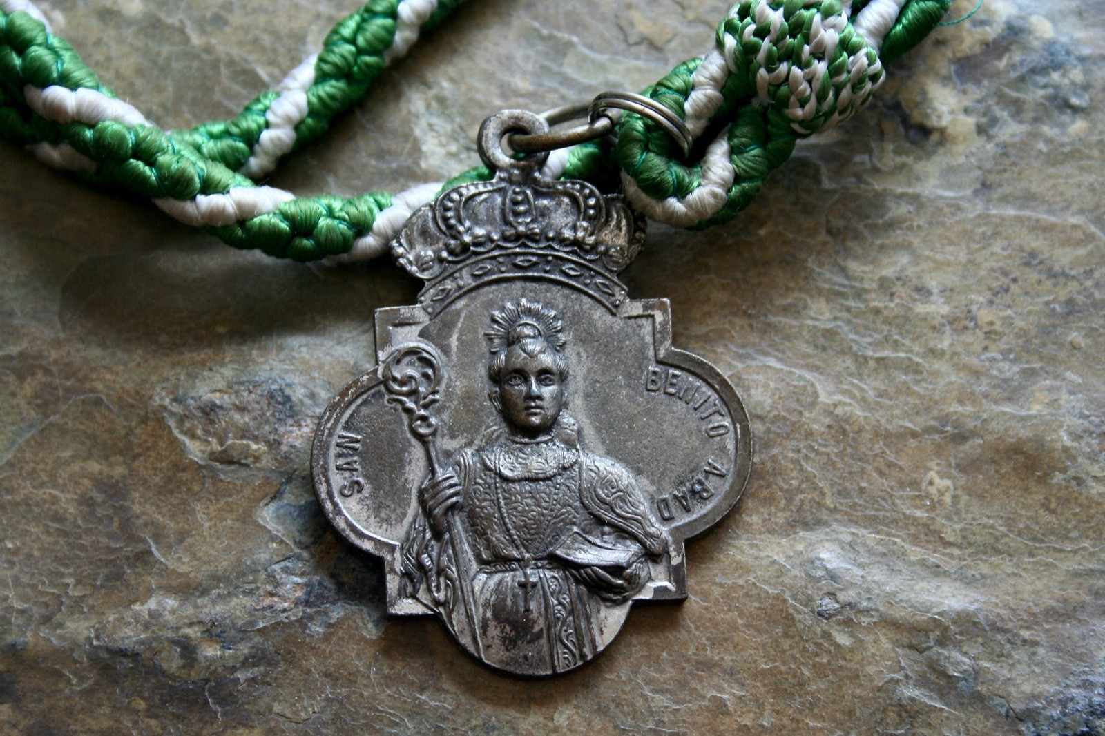 Antique 1920's  Saint Benedict The Abbot Large Rare Spanish Medal on Silk Cord