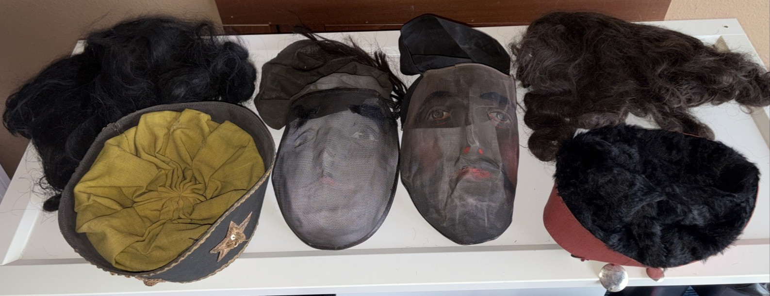 Antique Odd Fellows Ceremonial Mask Hand Painted Wire Mesh C. 1900 Hats Wigs LOT Antique Odd Fellows Ceremonial Mask Hand Painted Wire Mesh C. 1900 Hats Wigs LOT