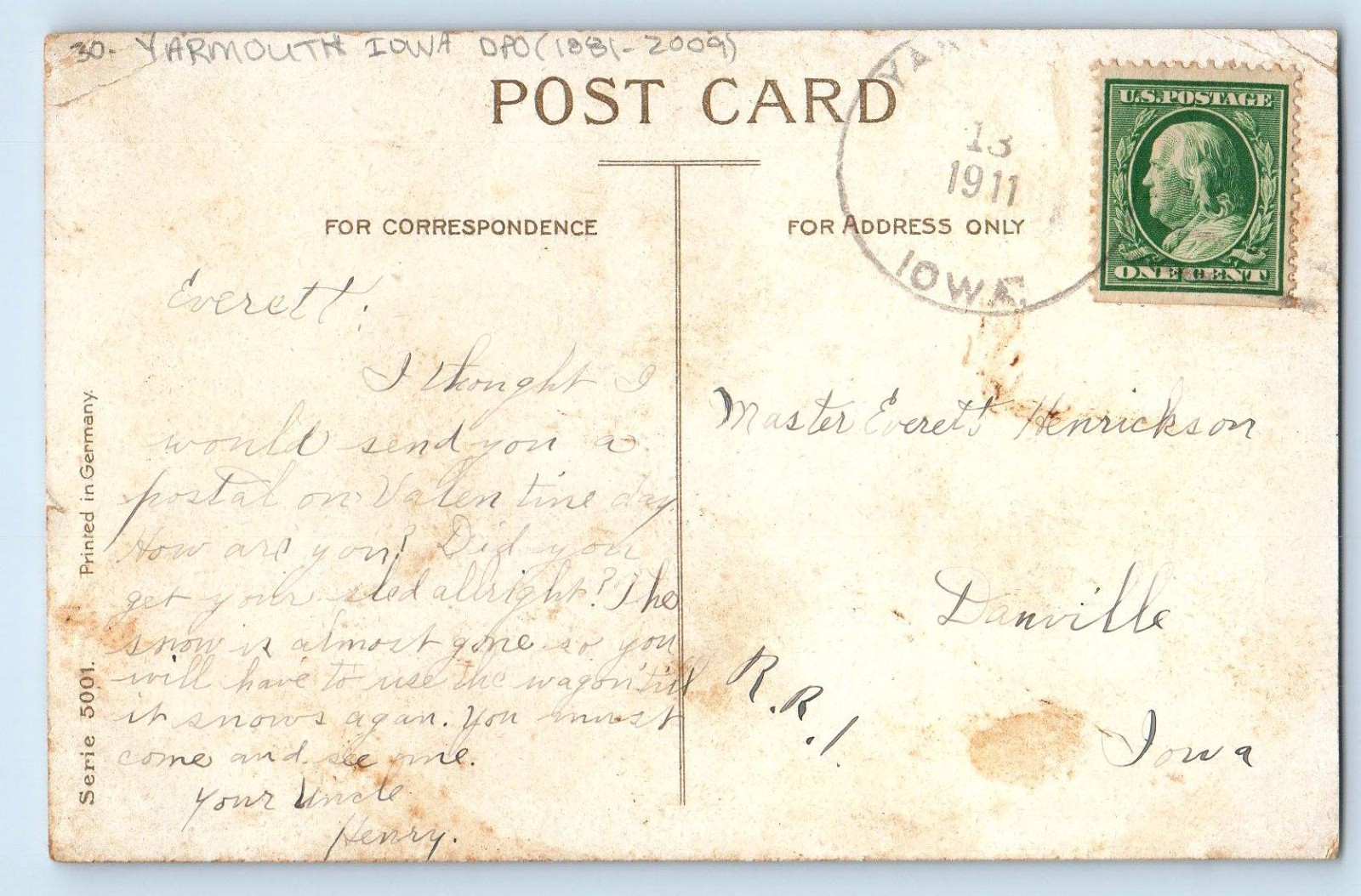1911 Best Wishes Roses Flowers Yarmouth Iowa IA DPO (1881-1968) Antique Postcard 1911 Best Wishes Roses Flowers Yarmouth Iowa IA DPO (1881-1968) Antique Postcard