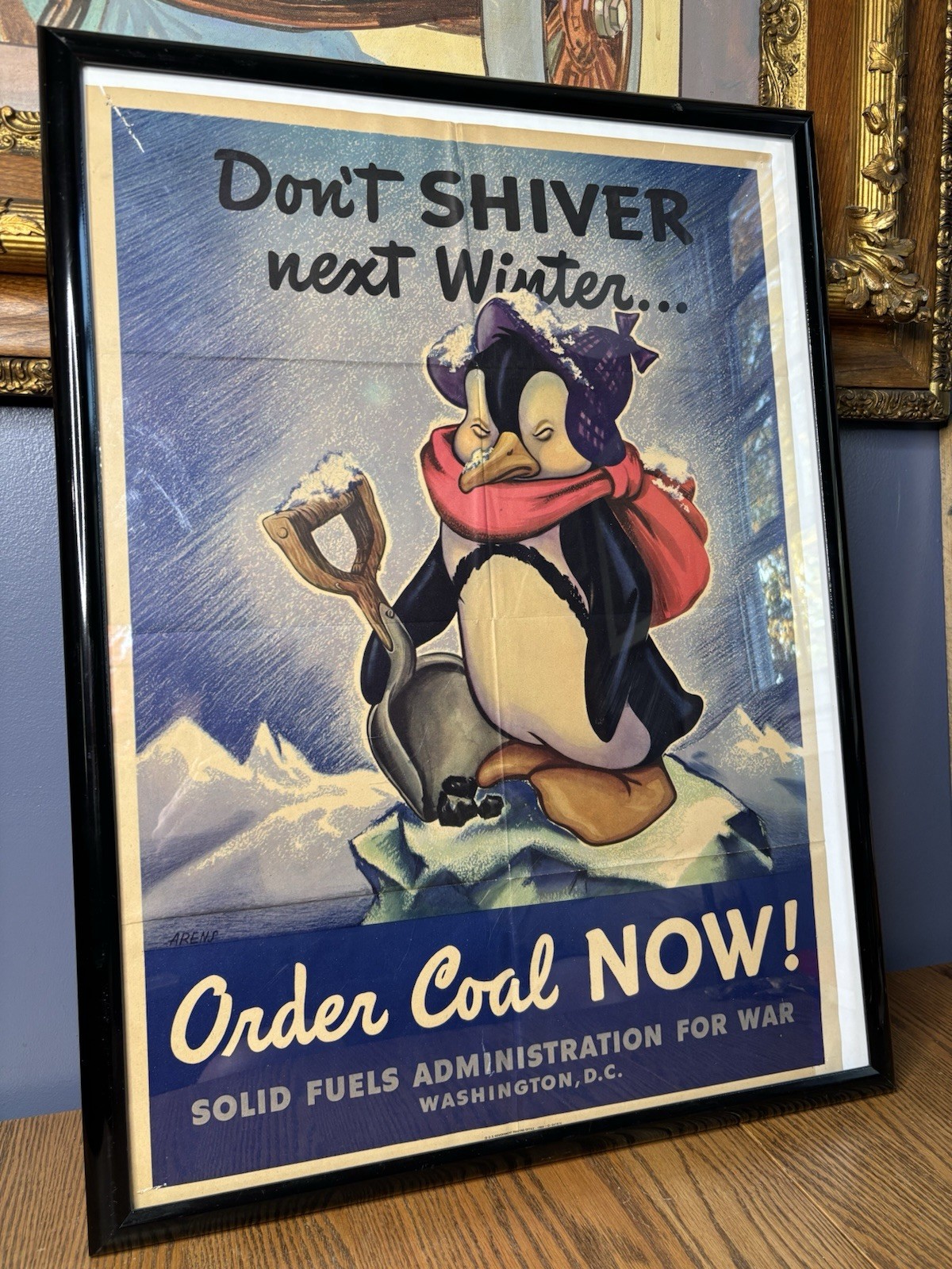 Vintage Original WW2 Don't Shiver Next Winter Penguin Order Coal Poster Sign 44’