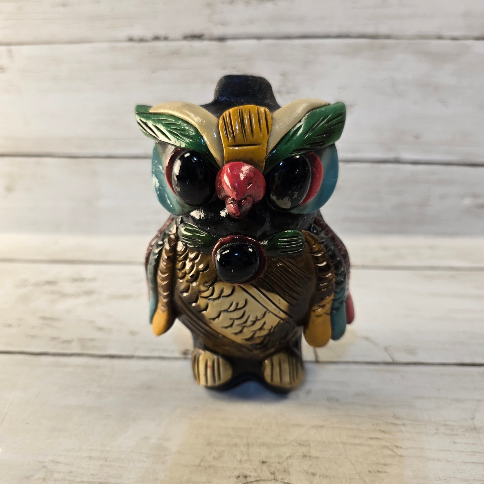 Vintage Tonala Mexican Pottery Owl Figurine Hand Painted Folk Art Whistle 4.5\ Vintage Tonala Mexican Pottery Owl Figurine Hand Painted Folk Art Whistle 4.5\