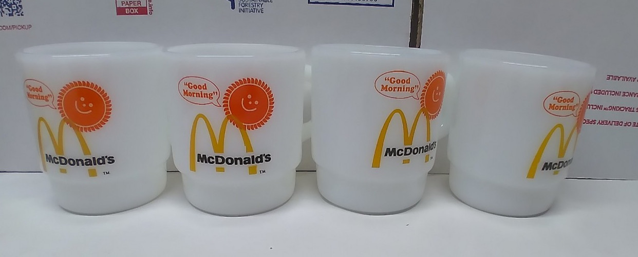 4 VINTAGE WHITE McDONALD\'S ANCHOR HOCKING \'GOOD MORNING\' COFFEE CUPS  / MUGS
