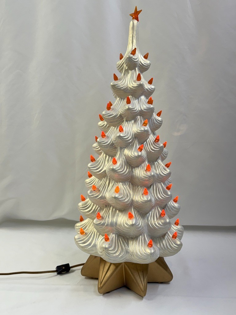 Vintage 1975 Ceramic Christmas Tree White Iridescent Gloss w/ Gold Base 21\