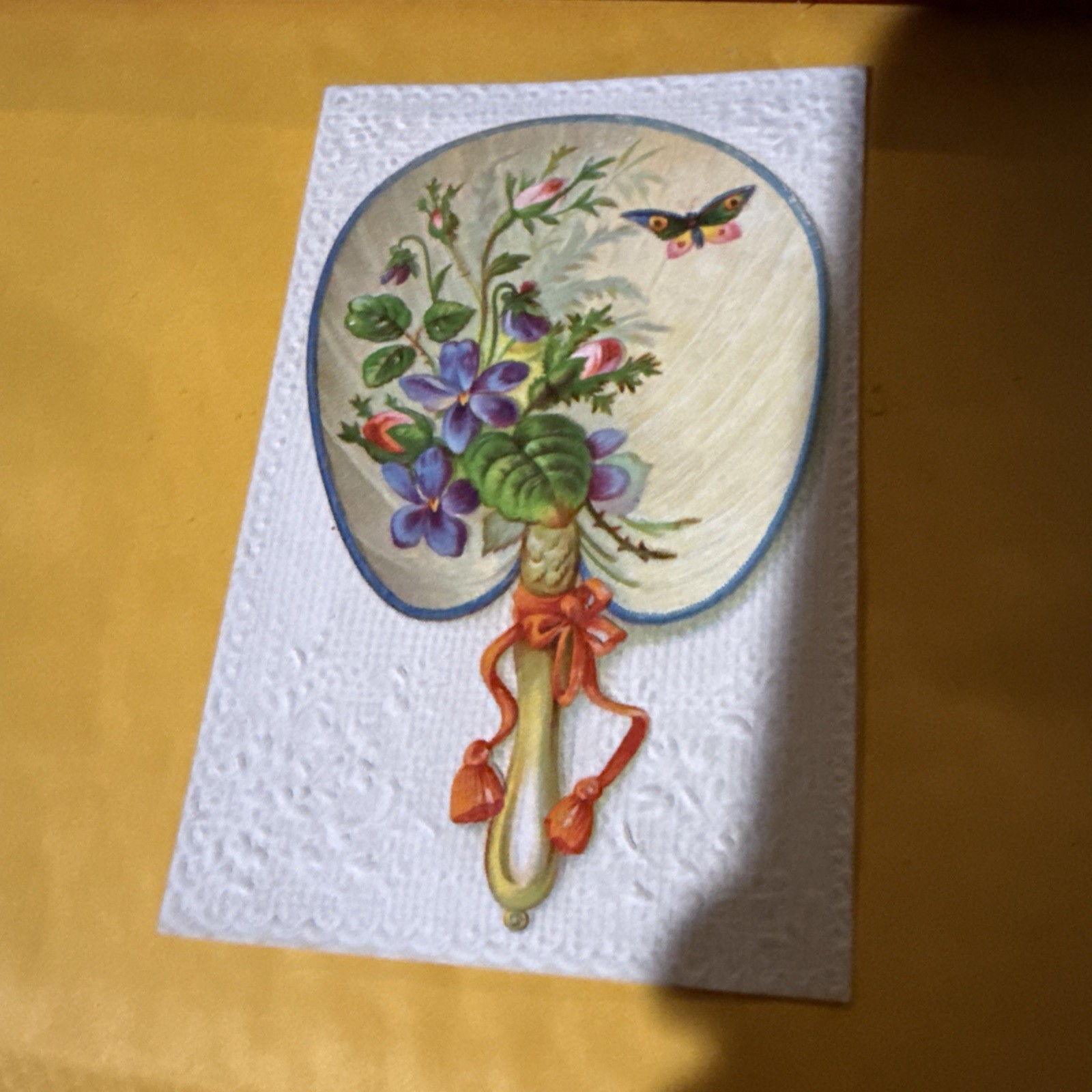 Beautiful Vintage Victorian Fan With flowers & Butterfly  Card