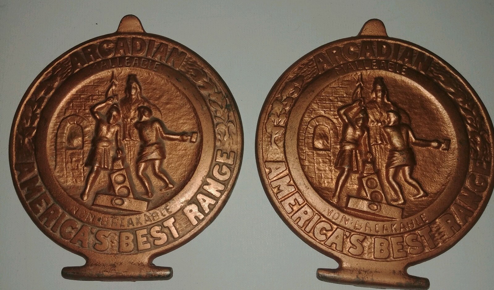 2 Antique Arcadian Malleable Range Co Americas Best Stove Name Plate Door