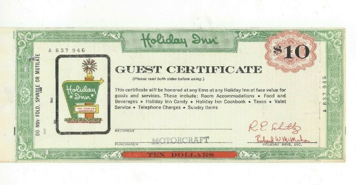 VINTAGE - 1970\'s $10 Holiday Inn Guest Certificate w/Carbon Receipt *MOTORCRAFT VINTAGE - 1970\'s $10 Holiday Inn Guest Certificate w/Carbon Receipt *MOTORCRAFT