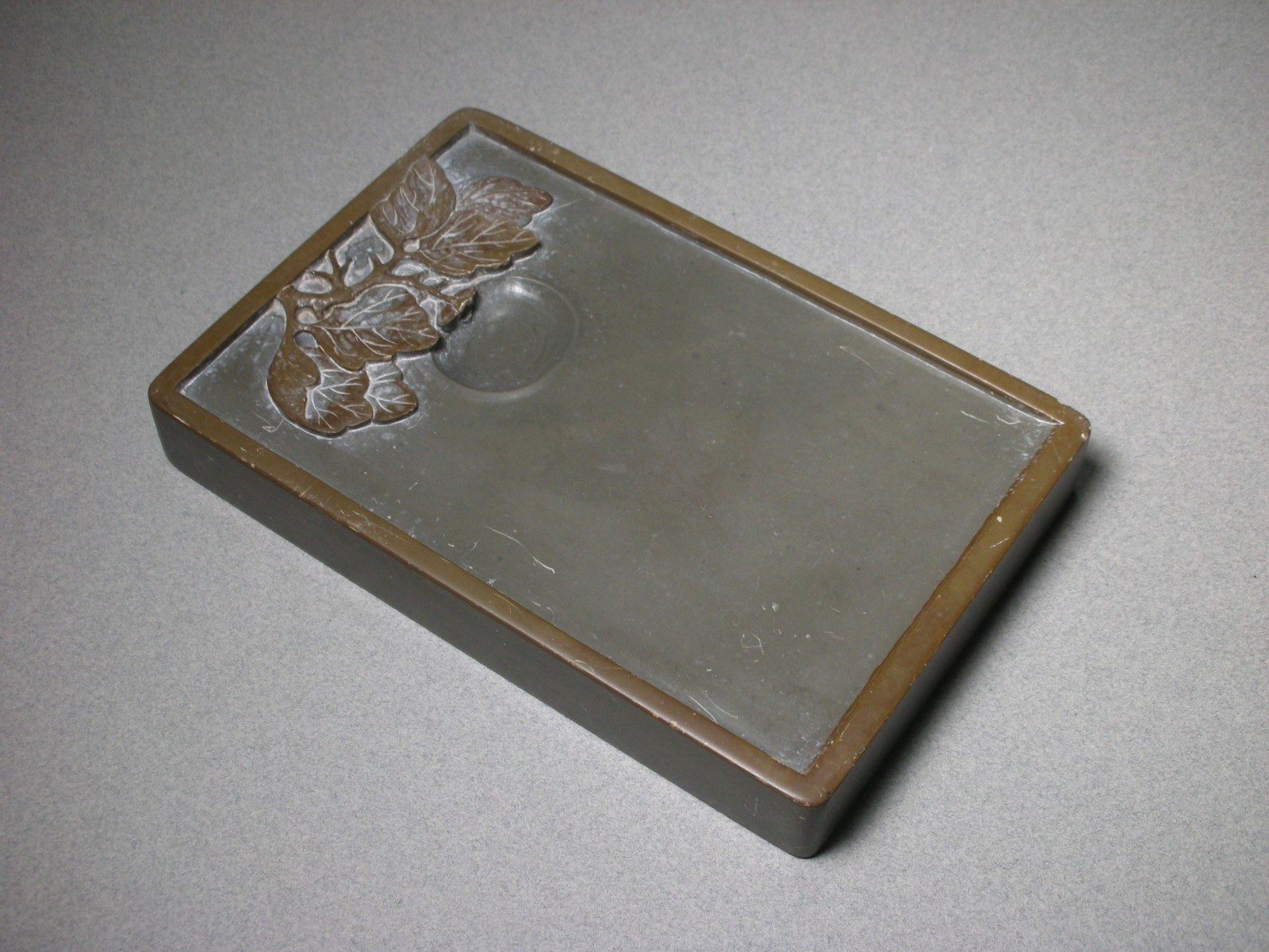 Vintage Chinese Scholar Stone Carved Inkstone Leaf Motif (17.5x11.5x2.5cm)