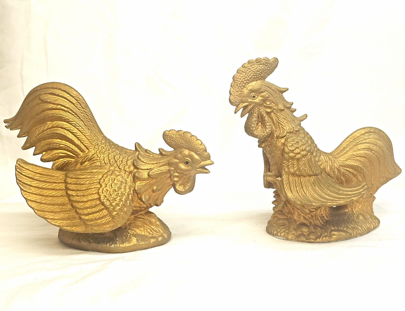 Pair Vintage Gold Ceramic Fighting Roosters Gamecock Figurines Chicken Decor