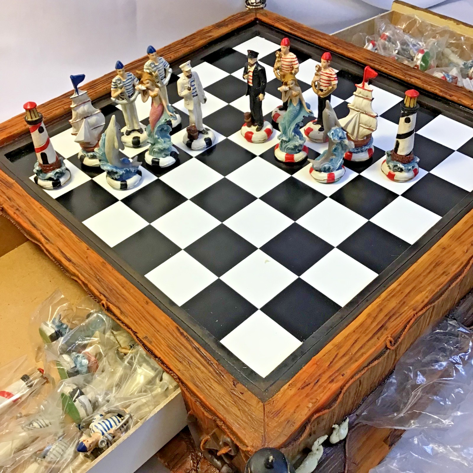 Custom Lighthouse Nautical-Themed Wooden Live-Edge Drawer Chessboard Custom Lighthouse Nautical-Themed Wooden Live-Edge Drawer Chessboard