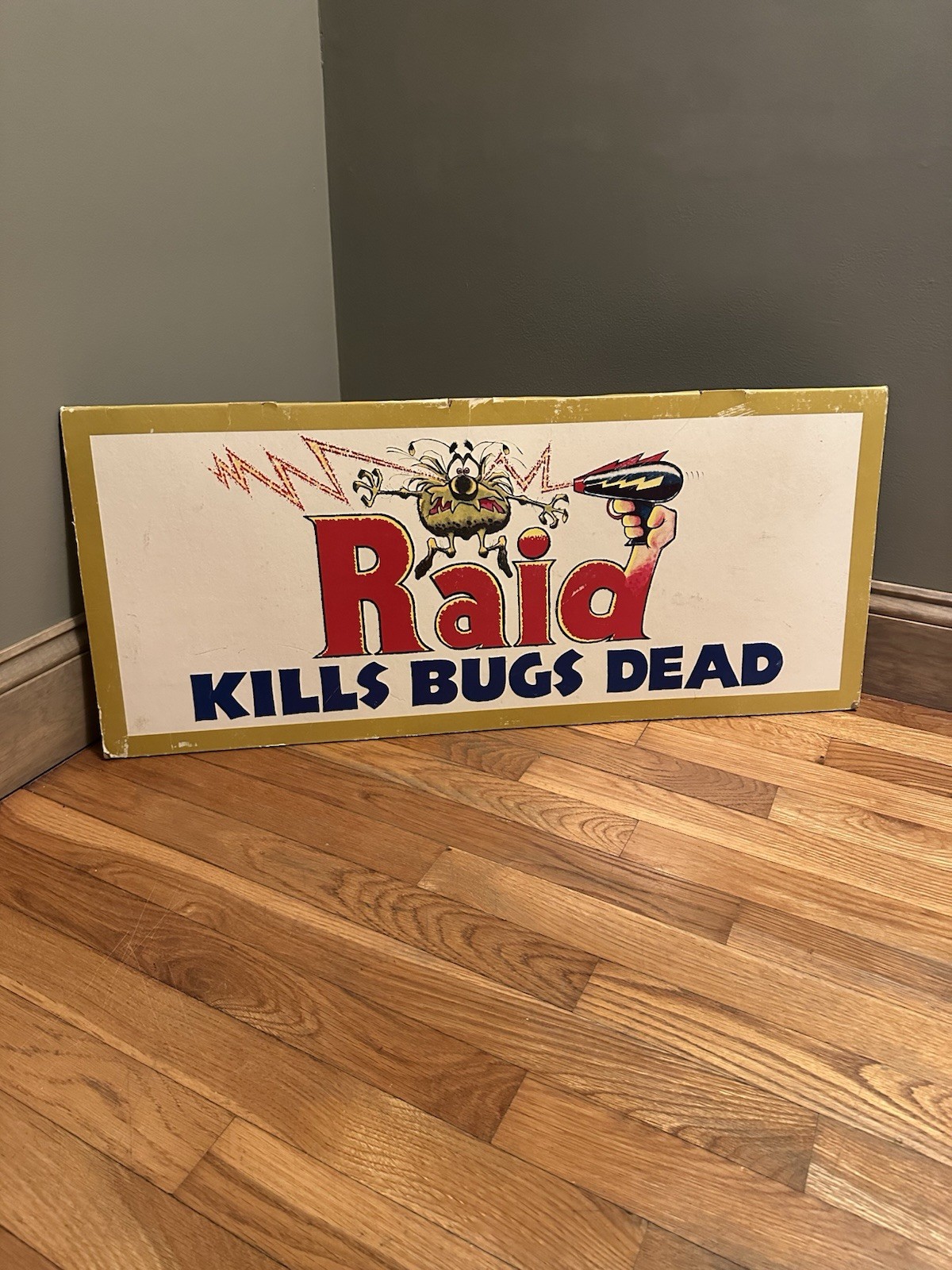 Vintage Raid Kills Bugs Dead Ray Gun Advertising Display Sign USA Double Sided