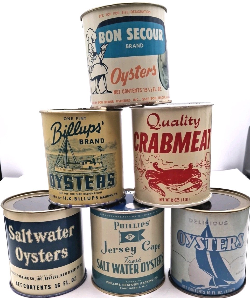 Vintage Oyster Can Tins Seafood Tins Cans , NOS 16oz Tin Lot of 6