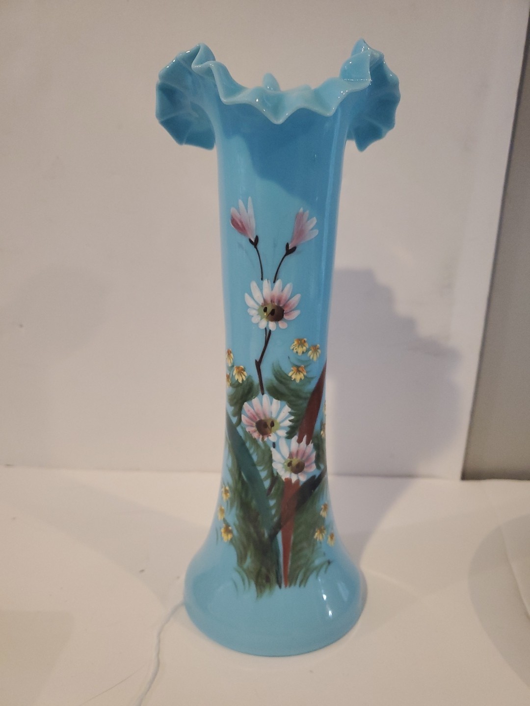 Vintage Bristol? Handpainted Blue Floral Ruffled Edge Vase 10.5\ Vintage Bristol? Handpainted Blue Floral Ruffled Edge Vase 10.5\
