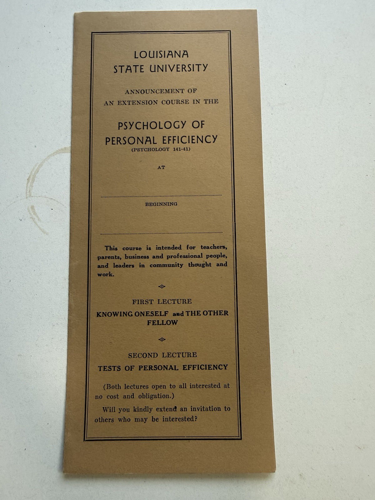1930s LSU Psychology Course Frank O Kreager Personal Efficiency Rare Ephemera