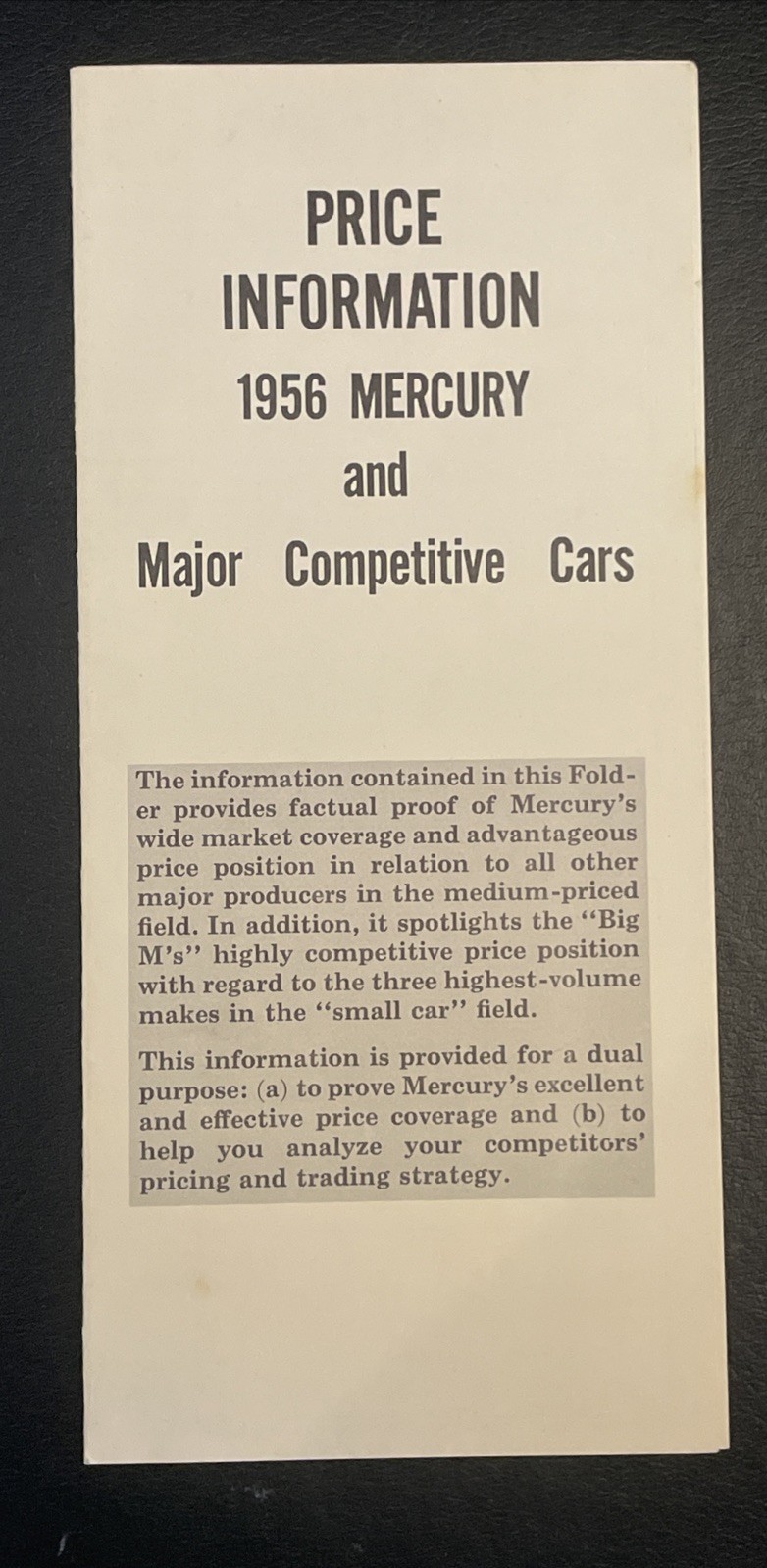 Price Information 1956 Mercury & Major Competitive Cars Pamphlet Sales Catalog