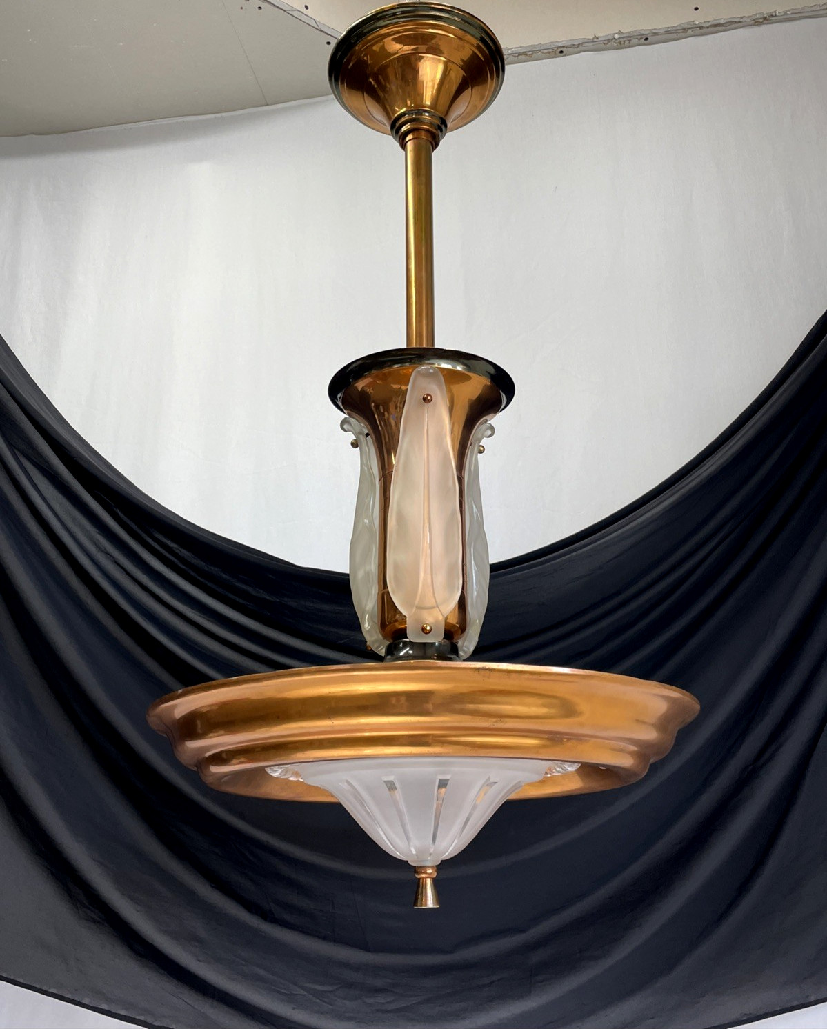 RESTORED Antique Vtg French Art Deco Pendant Light Copper 1920s 1930s 1940s MCM
