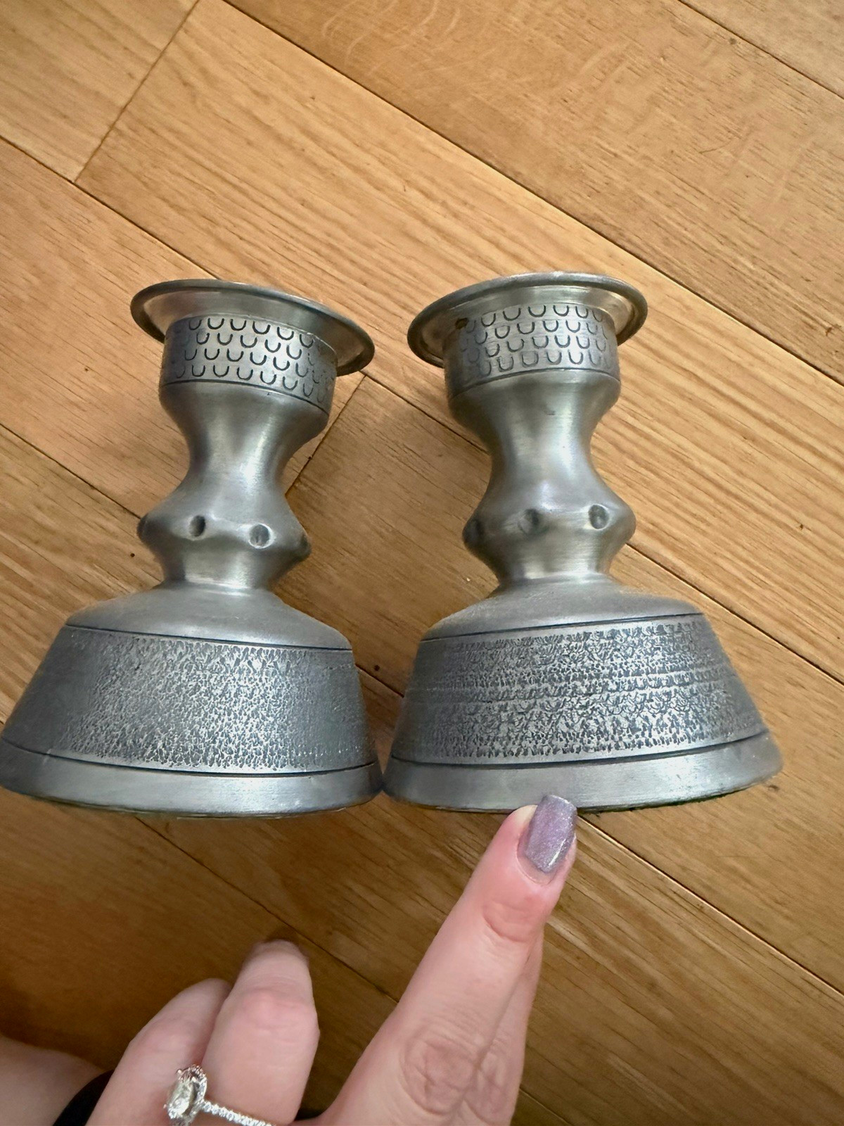 Vintage Norwegian Pewter pair of Taper Candle Holders Felt Bottom